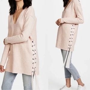 Free People Heart It Up v-neck sweater with lace up ribbon detail size XS rose